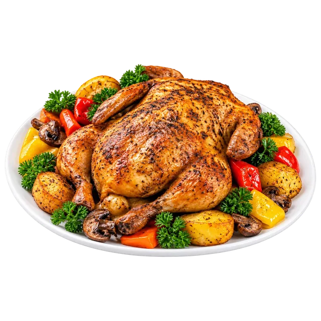 Poulet braisé entier avec légumes grillés