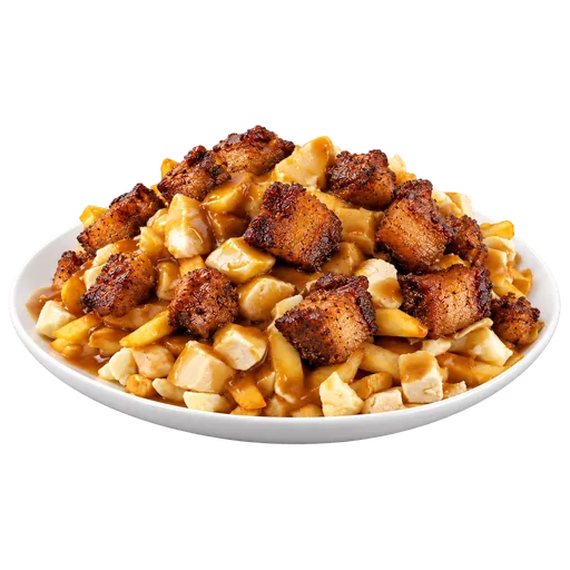 Poutine au griot : frites, fromage en grains, sauce et cubes de griot